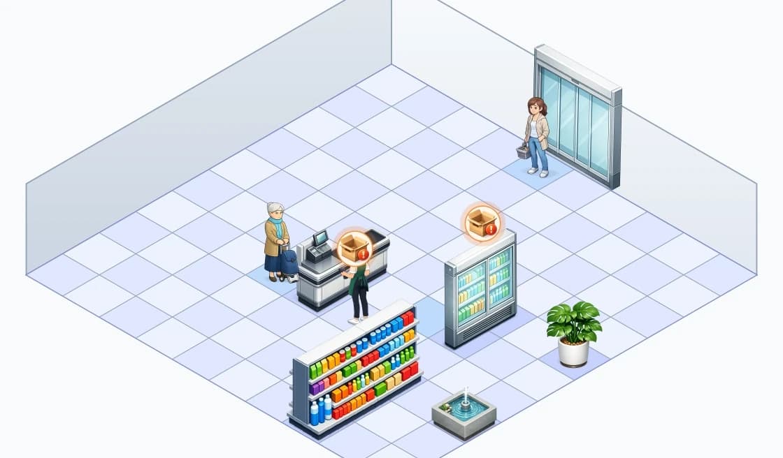 Stocked Supermarkt mit Kundschaft, Kasse, gefüllten Regalen, Kühlschrank und Dekoration