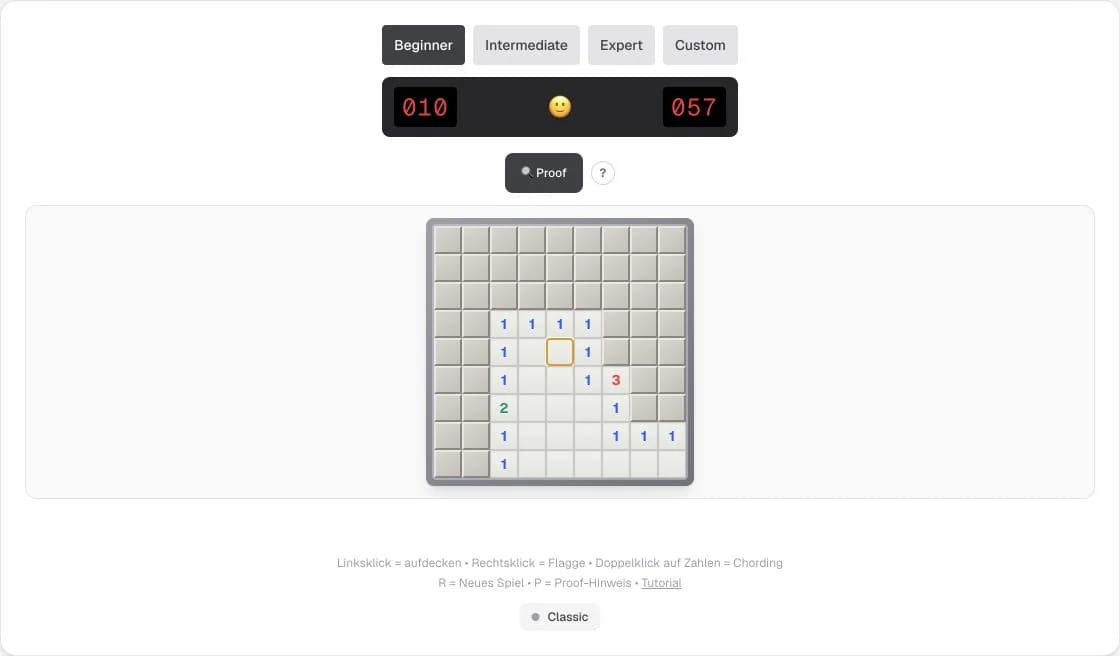 Minesweeper-Spielfeld mit geöffneten Zahlenfeldern, Restminen, Zeit und Proof-Modus