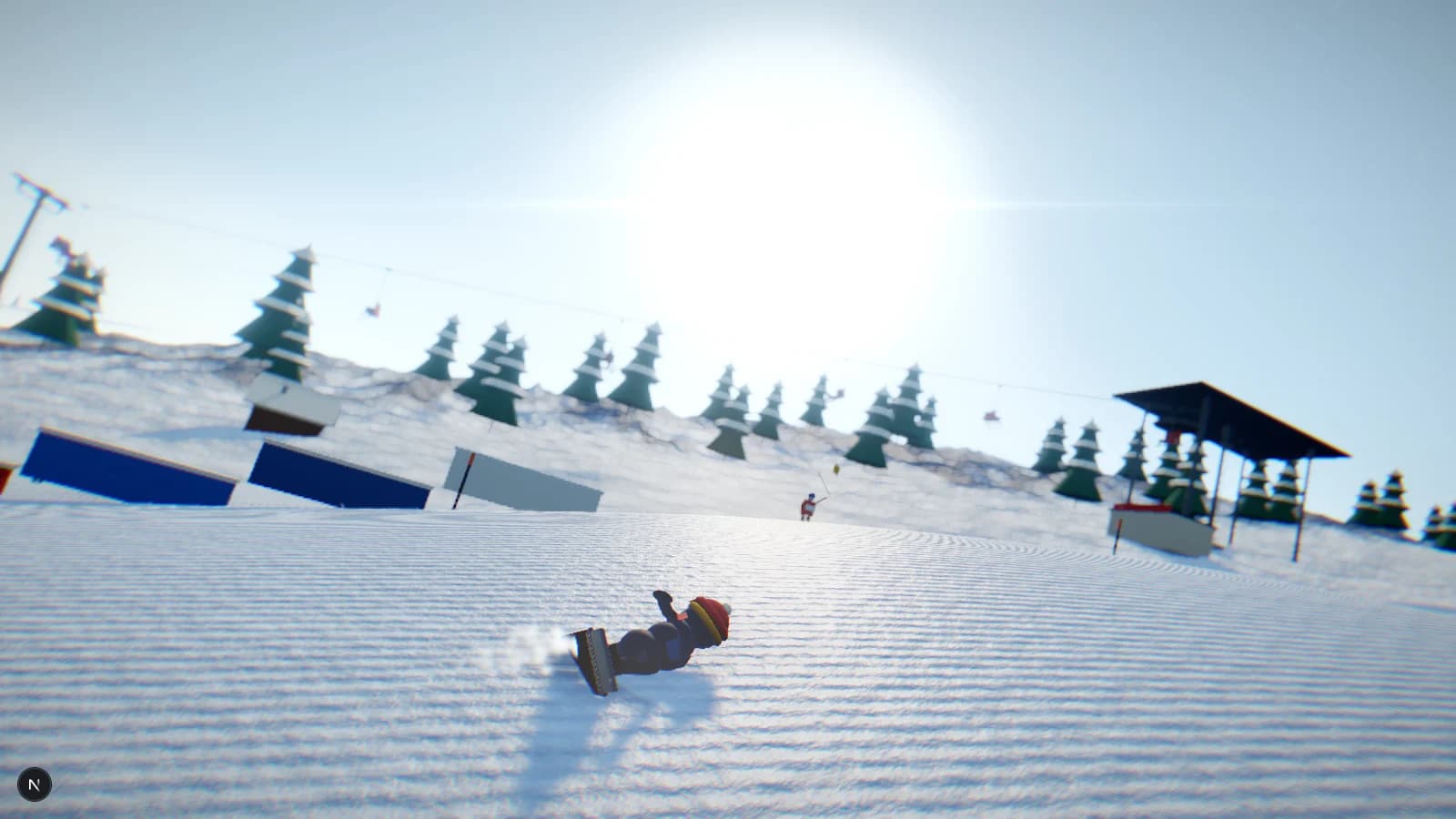 Penguin Peak Gameplay: Ein Pinguin carvt mit dem Snowboard über eine präparierte 3D-Alpenpiste