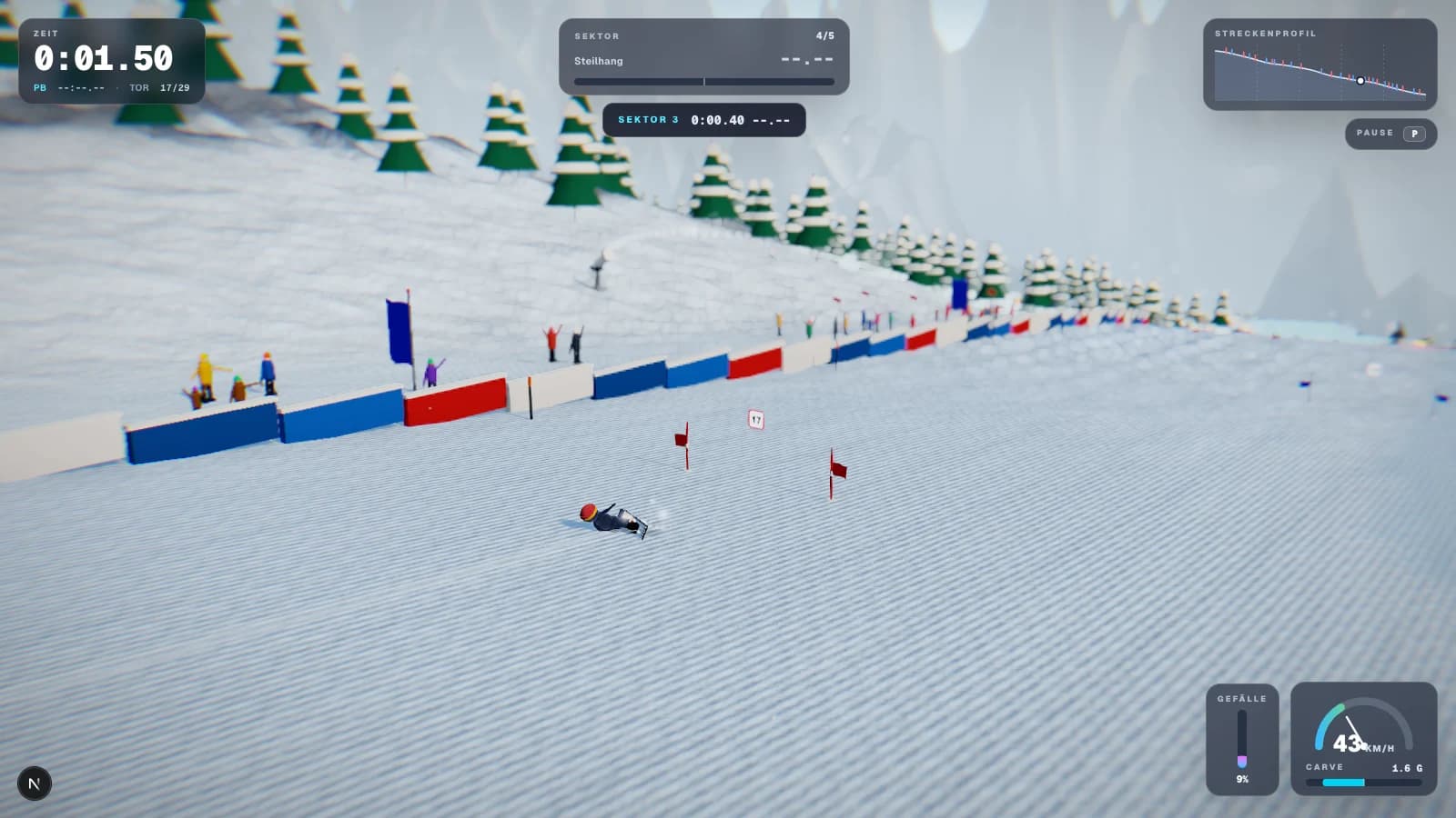 Rennanzeige im 3D-Snowboard-Spiel mit Zeit, Torzähler, Sektor, Streckenprofil und Geschwindigkeit