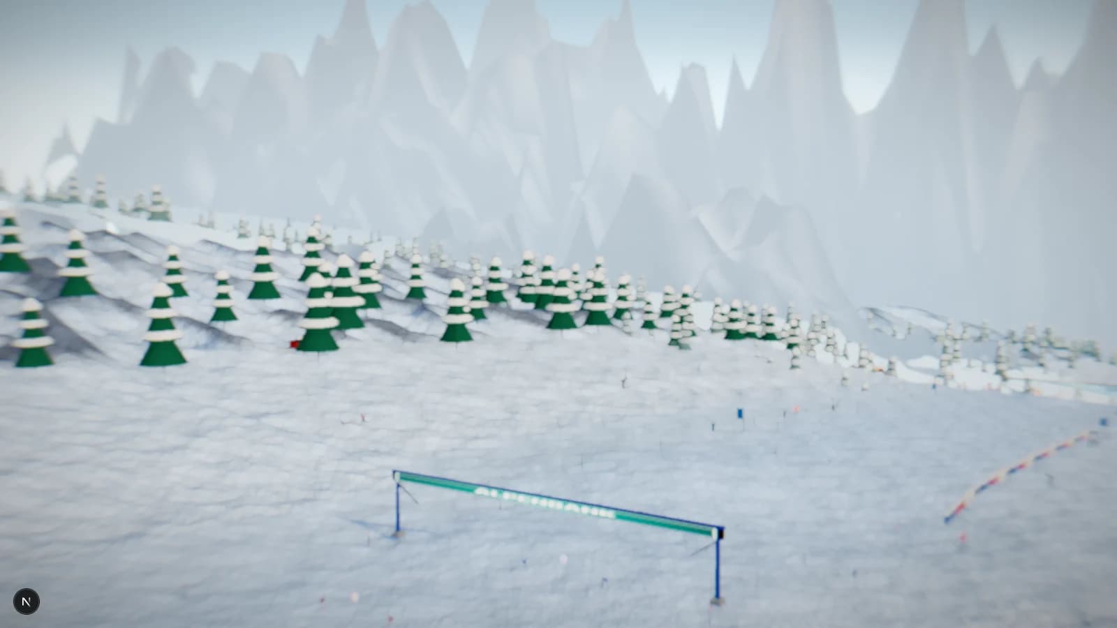 Weites 3D-Alpenpanorama mit verschneiter Piste, Wald und Bergstation