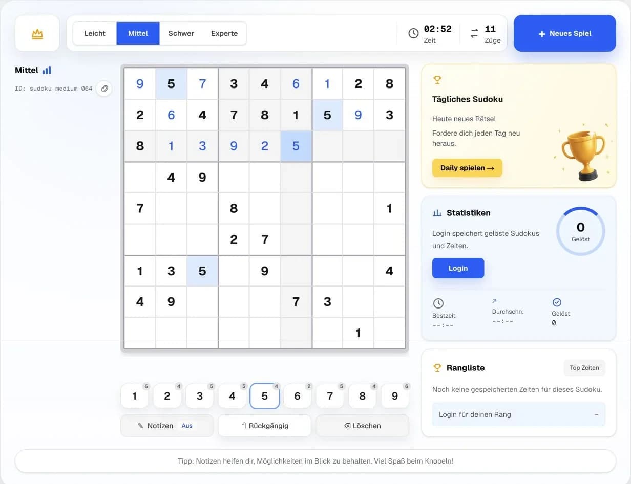 Online-Sudoku mit 9×9-Spielfeld, Zahlenleiste, Notizen, Statistik und Rangliste