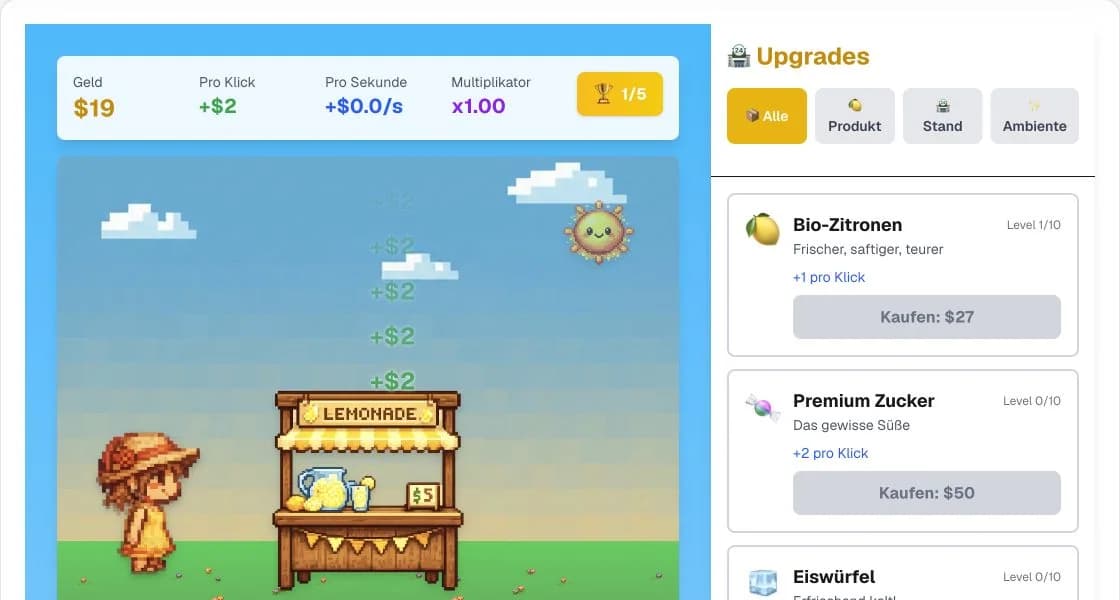 Lemonade Stand mit Verkaufsstand, Einnahmen und Produkt-Upgrades