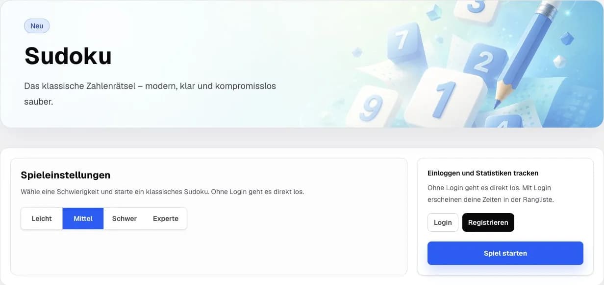 Sudoku-Spielauswahl mit den Schwierigkeitsgraden Leicht, Mittel, Schwer und Experte