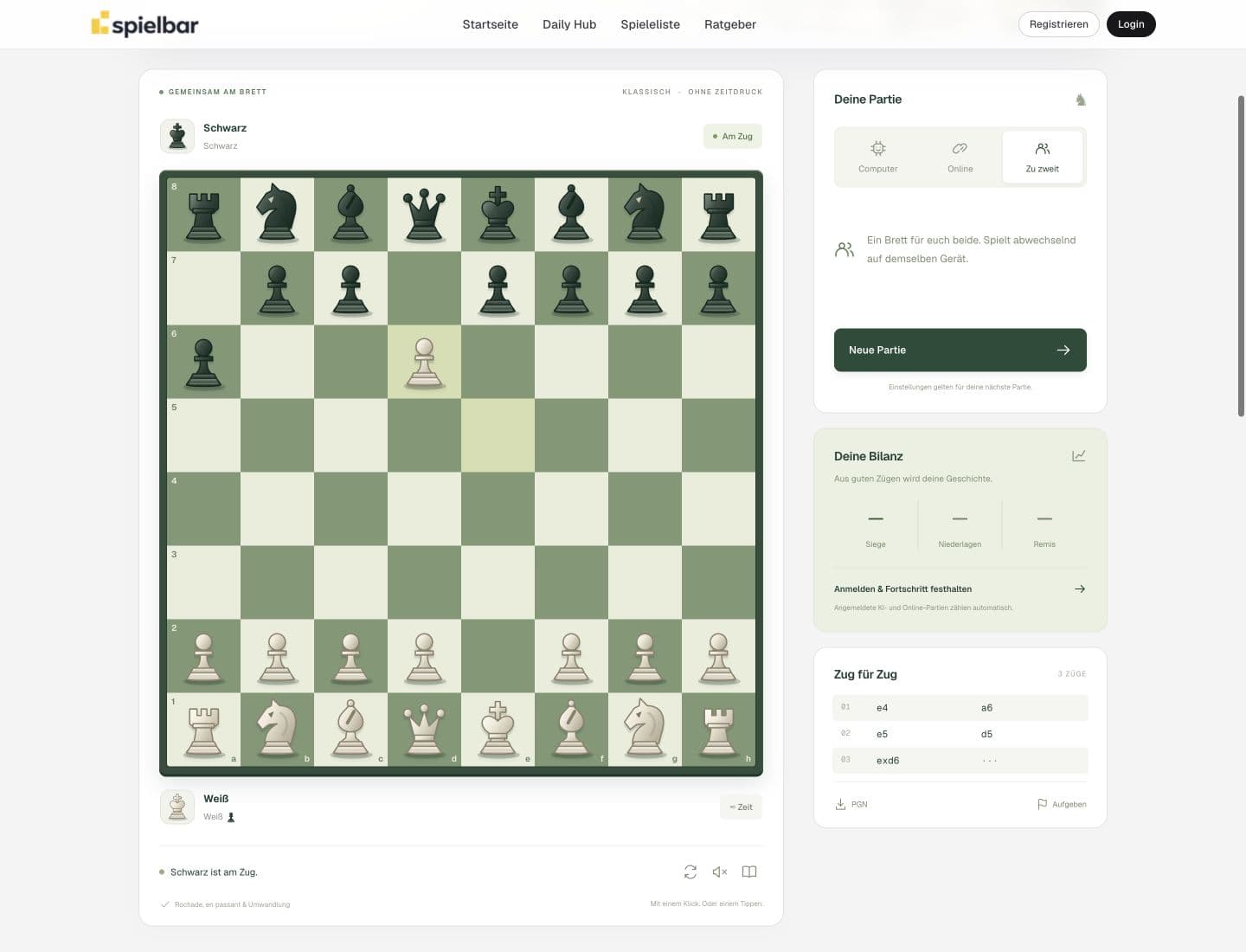 Spielbar-Schach nach exd6 en passant mit weißem Bauern auf d6 und leerem d5