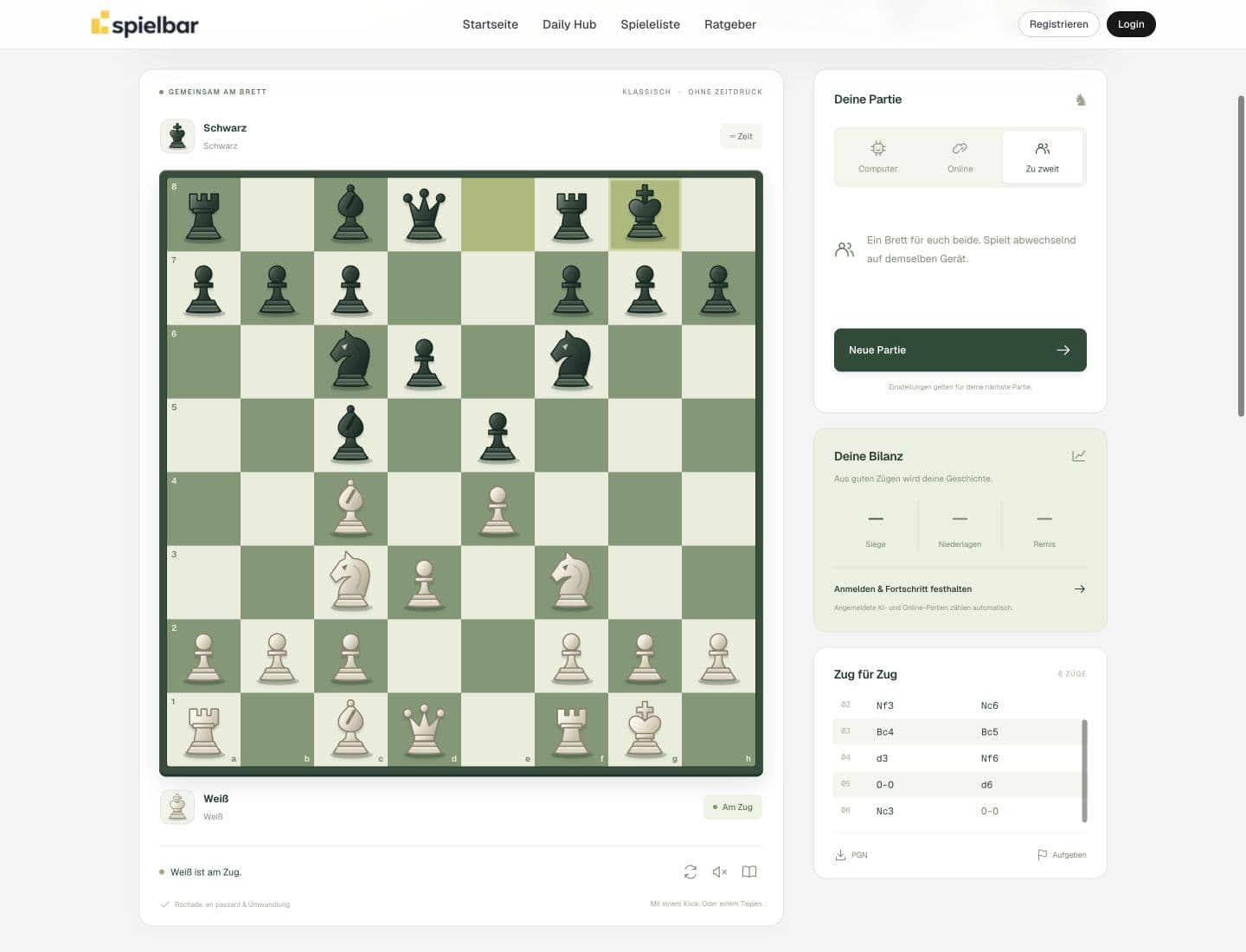 Italienische Beispielstellung im Spielbar-Schach mit entwickelten Figuren und rochierten Königen