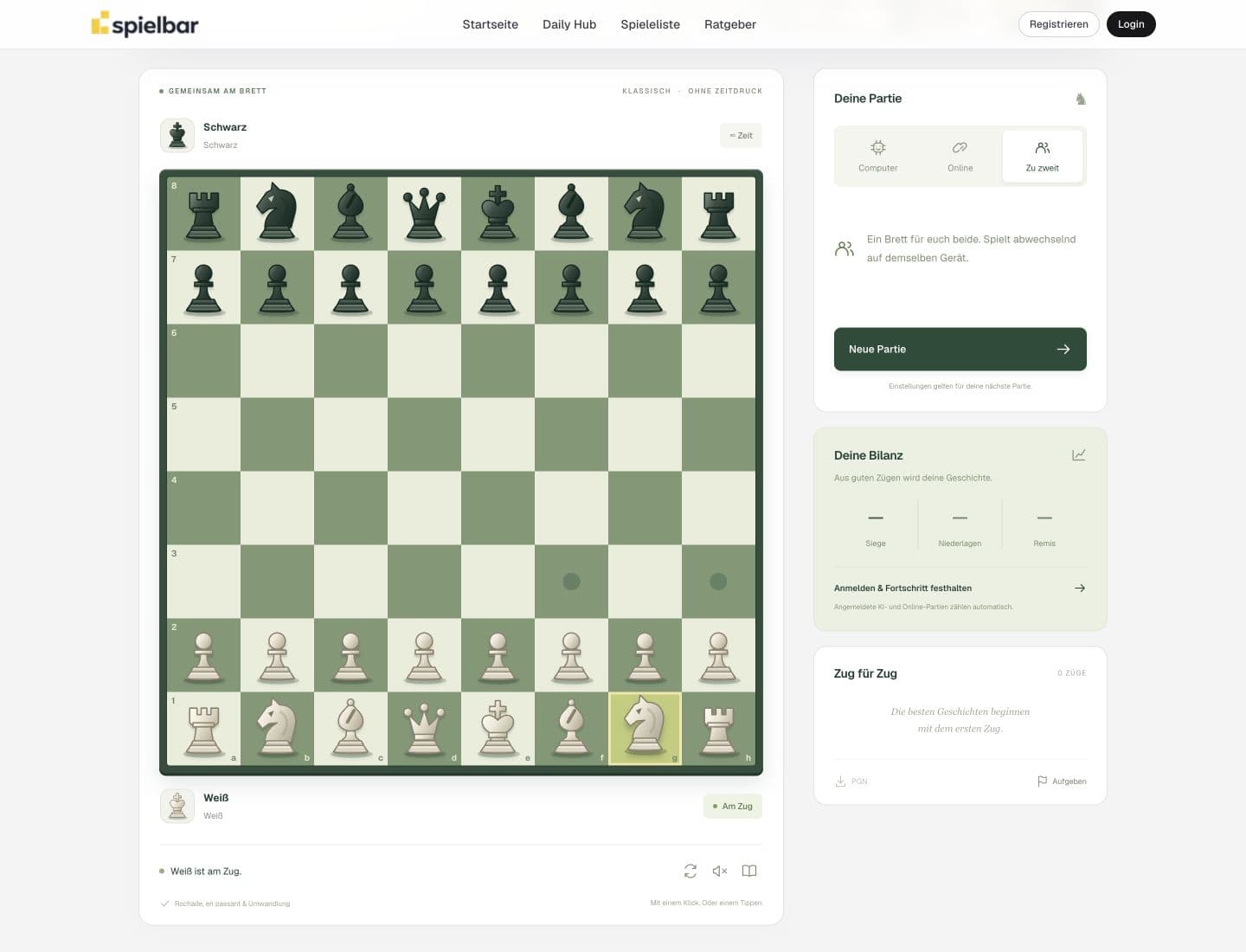 Grundstellung im Spielbar-Schach mit ausgewähltem weißen Springer auf g1