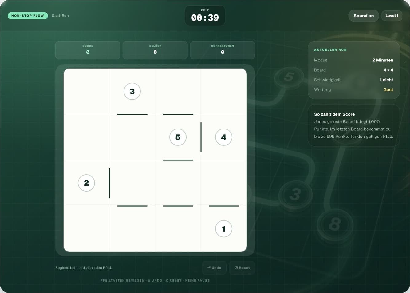 Echter Non-Stop-Flow-Screenshot im 2-Minuten-Modus mit laufendem Timer, Scoreanzeige und 4×4-Board.