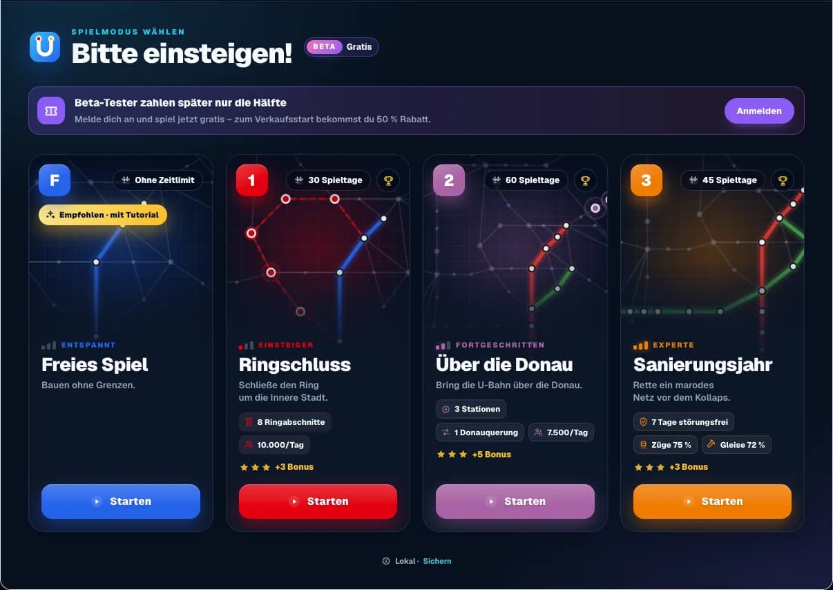 Spielmodus-Auswahl mit Freiem Spiel und den Kampagnen Ringschluss, Über die Donau und Sanierungsjahr