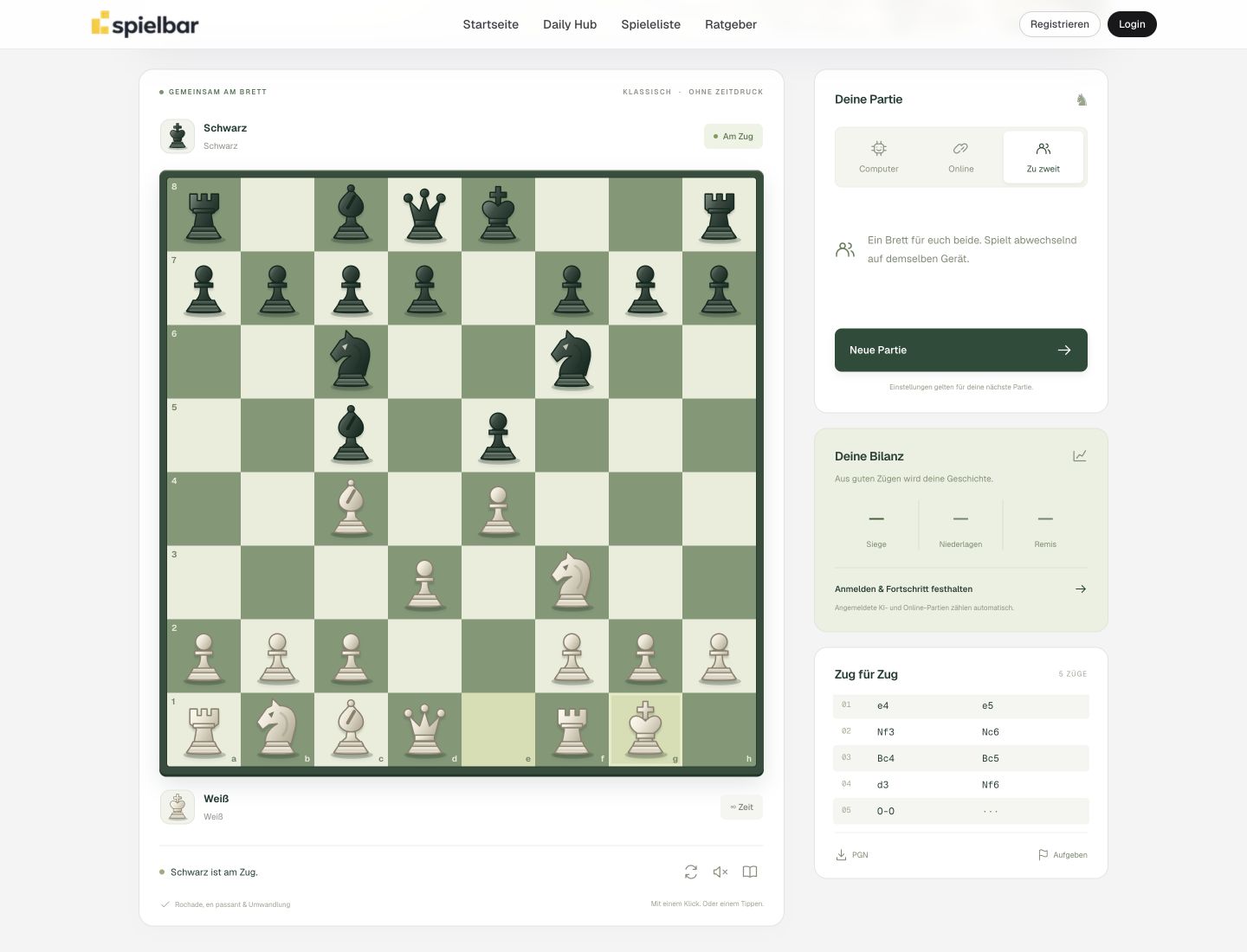 Spielbar-Schach nach der kurzen weißen Rochade: König g1 und Turm f1