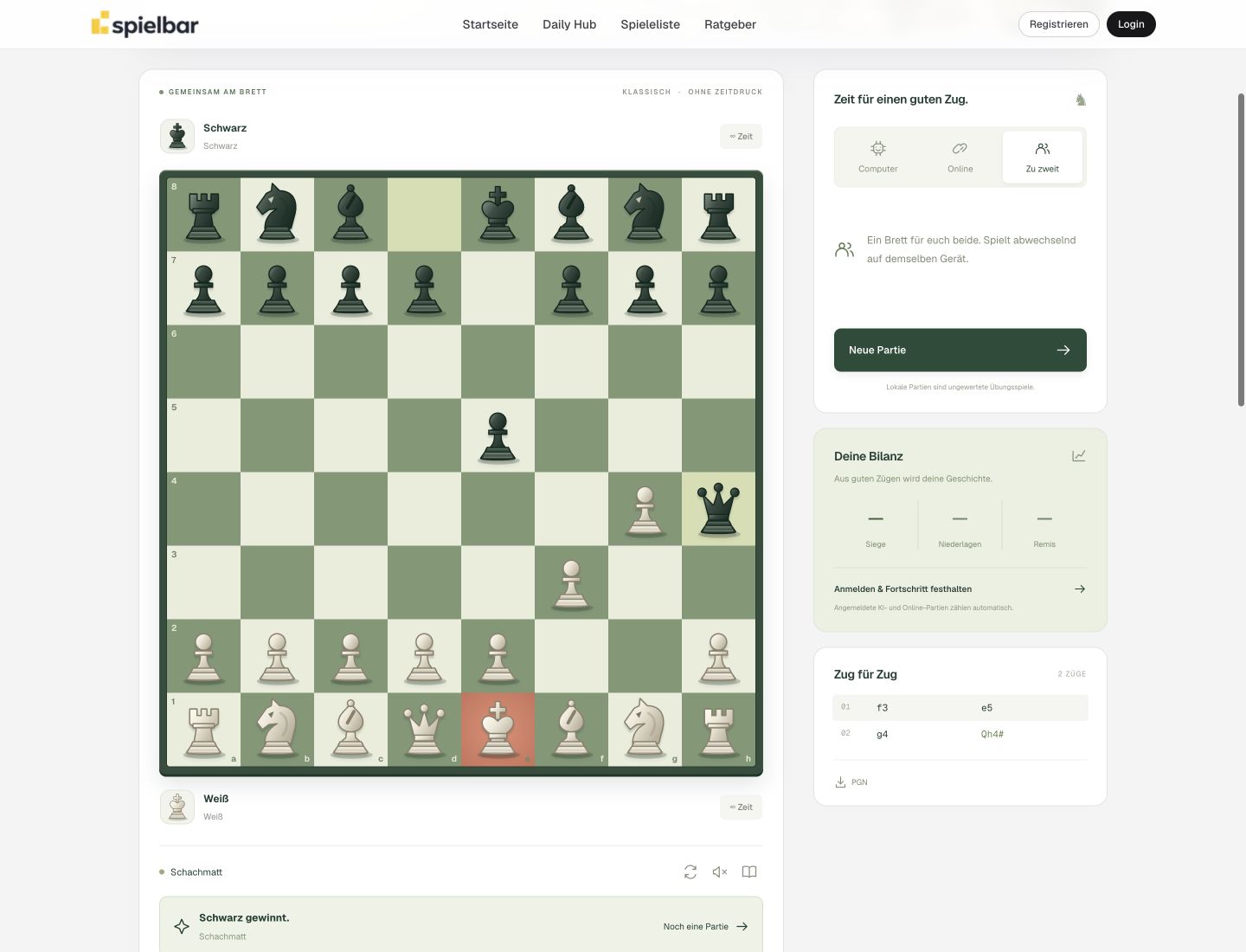 Spielbar-Schach nach 1. f3 e5 2. g4 Qh4 matt mit schwarzer Dame auf h4