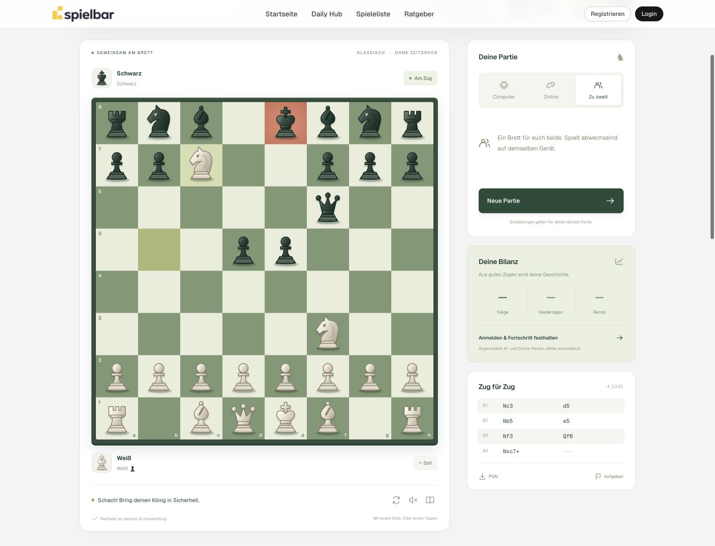 Springergabel im Spielbar-Schach: weißer Springer auf c7 greift König e8 und Turm a8 an