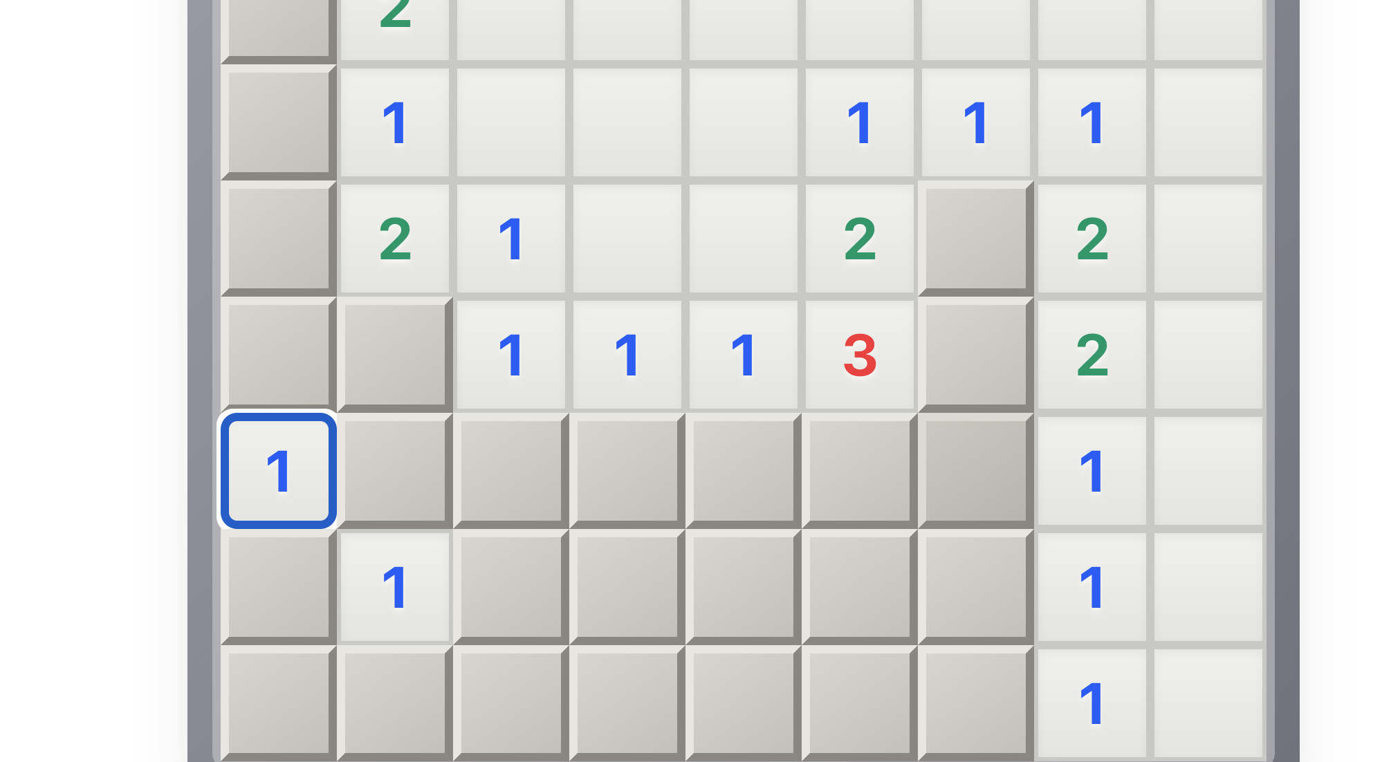 Echte Spielansicht von Minesweeper mit geöffneten Zahlen und verdeckter Kante